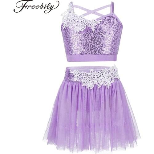 Kids Girls Lyrical Dance Costumes Sequins Crop Tops Gymnastics Leotard Tulle Tutu Ballet Skirt Set Child Figure Skating Dress