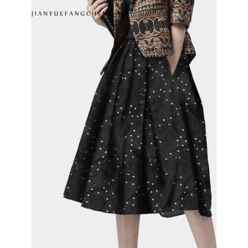 Women Polka Dots Printed Pleated Autumn Skirt High Waist A Line Belt Lace-up Plus Size 4XL Female Office Midi Skirt Jupe Femme