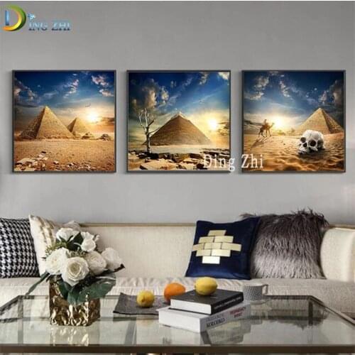 3 Pcs Diy Diamond Painting Ancient Egyptian Pyramid Camel And Skull 5D Diamond Embroidery Full Square Round Mosaic Triptych Gift