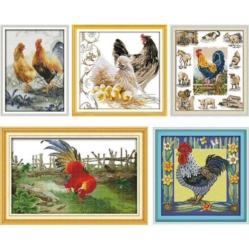 Joy Sunday Embroidery Needlework Thread Cross Stitch Kit Stamped Chicken Family Gift DMC 11CT 14CT Print Handmade Counted Fabric