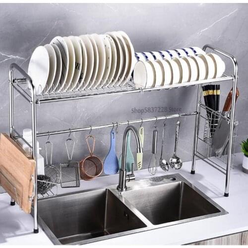Stainless steel sink shelf above the kitchen utensils storage rack to dry the sink drain rack to put the dish rack