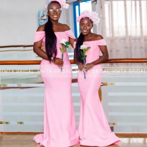 Pink Satin Mermaid Bridesmaid Dresses Off the Shoulder Long Wedding Party Dress African Black Girls Women Formal Gown Customize