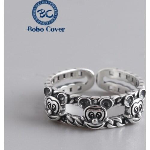 S925 sterling silver cartoon retro animal ring Korea cute Mouse open rings girl lucky gifts Fashion jewelry Thai Silver Ring New