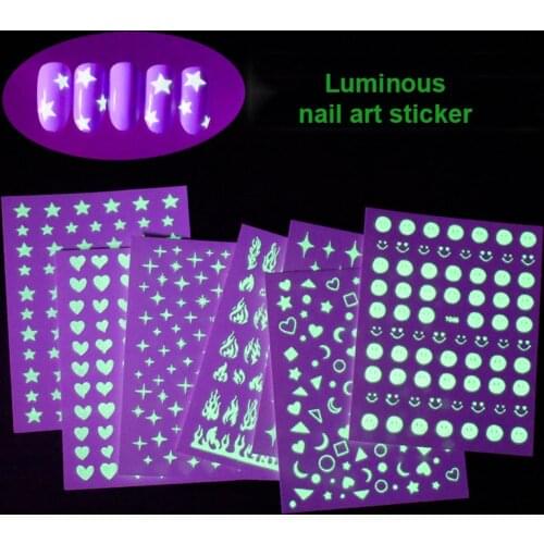 Luminous nail art sticker glow in dark night fire flame star heart moon for disco dancing manicure decoration nail strips YJ014