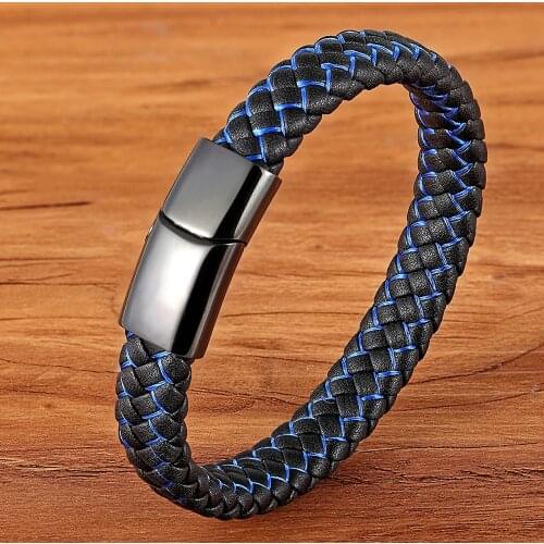 TYO High Polished Stainless Steel Magnetic Clasp Bangles 6 Colors Braided Genuine Leather Bracelets for Mens Punk Jewelry