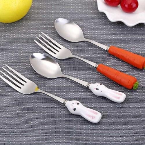 Fork Ceramic Handle Cute Kitchen Gadgets Stainless Steel Baby Kid Tableware Carrot Spoon Dining Appliance 1PC