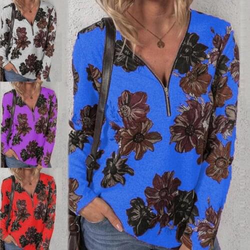 Flower Printed T-shirt 90s Vintage Harajuku Long Sleeve Top Aesthetic Summer Slim Tee Tops Streetwear 2021 V Neck Loose Pullover
