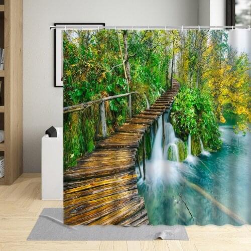 Forest Shower Curtain Spring Green Plants Waterfall Wooden Bridge Mountain Creek Scenery Bathroom Polyester Cloth Curtains Sets