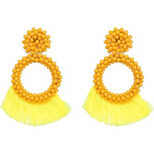 Bohemian Handmade Big Tassel Earrings for Women Ethnic Beads Statement Dangle Earrings Long Beading Circle Rope Fringe Earrings
