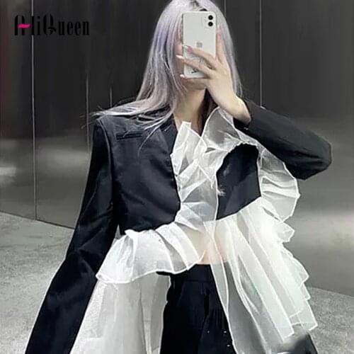 Spring Autumn Women Black Ruffles Organza Patchwork Irregular Blazer Coats Ladies Lapel Long Sleeve Fit Ruffles Blazer Jackets