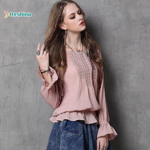 Womens Ruffle Loose Top Vintage Embroidery Crew Neck Long Sleeve Shirt