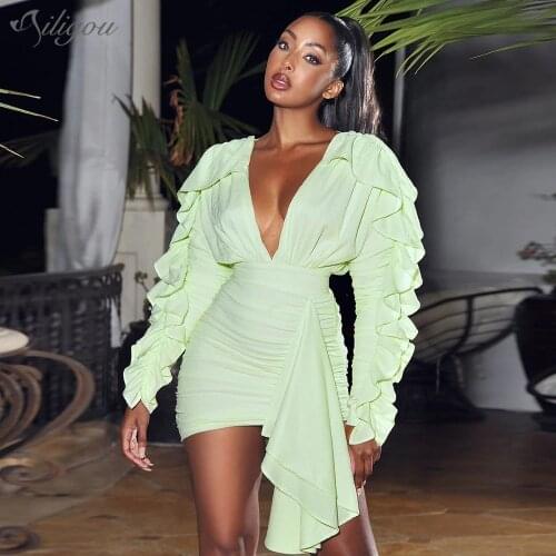 Ailigou Fall Womens Solid Color Mini Dress Sex Long Sleeve V-neck Ruffle Dress Sexy Celebrity Christmas Party Dress Vestido