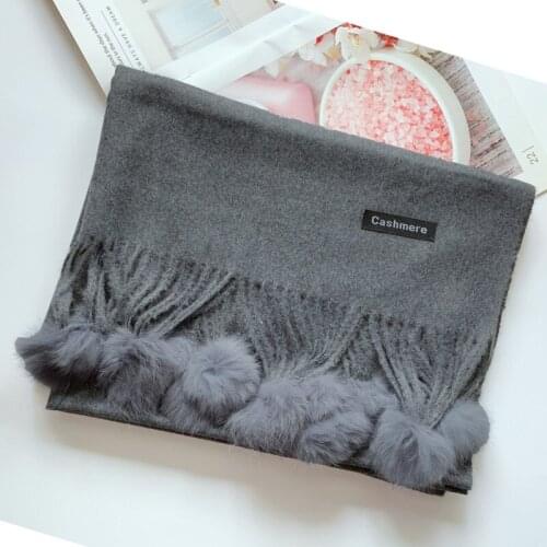 200*70cm New Winter Lady Thick Cashmere Scarf Scarves Rabbit Fur Pom Pom Shawl Wrap Pashmina Women Wool Tassel Hijab 2021