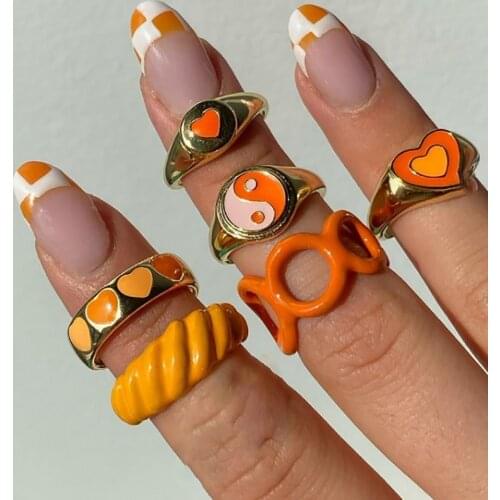 Ins 6Pcs Simple Orange Love Heart Rings For Women Girl Creative Design Cute Ying Yang Round Finger Rings 2021 Sweet Jewelry Gift
