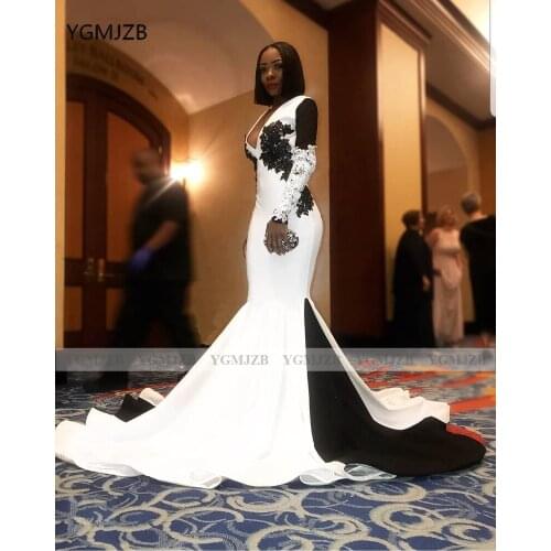 Black White Mermaid Evening Dress 2020 V Neck Long Sleeves Appliques Lace Evening Gowns Black Girls Formal Prom Gown Party Dress