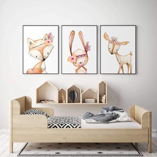 Woodland Cute Animal Poster Nursery Canvas Painting Wall Art Print Pink Flower Nordic Wall Pictures Kids Baby Room Decoration