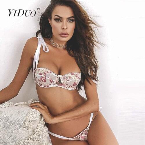 YiDuo Club Flower Embroidery Lingerie Set White Womens Underwear Push Up Female Bra Lace See Through Sexy Lingeries 2 Piece Set