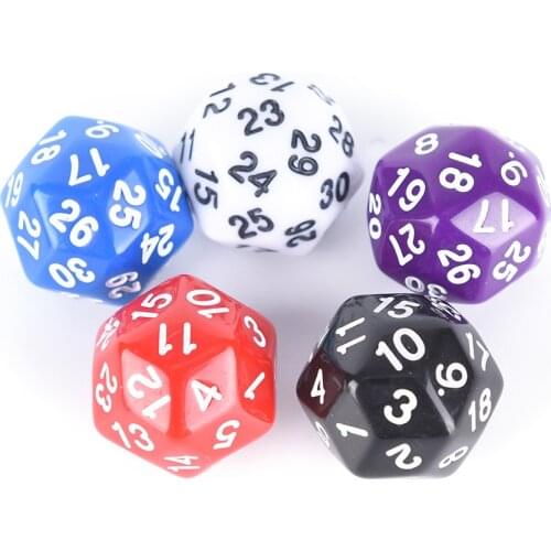 NEW 1PCS 30 sided Dice High Quality Plastic Cubes Dice 5 Colors white red purple blue black 25mm