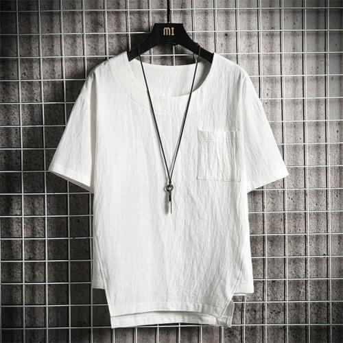Summer Men cotton linen t-shirt short sleeve O-neck tops with pocket breathable soft Loose Thin t-shirt plus size m-7xl 8xl