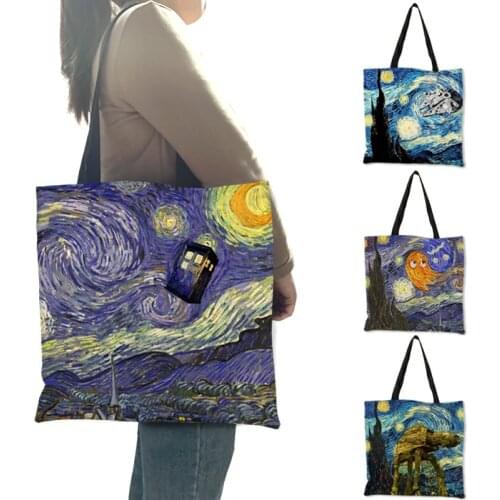 Fashion Handbag Starry Night Painting Van Gogh Tote Bags Women Reusable Shopping Convenience Bags Traveling Beach Folding Bags
