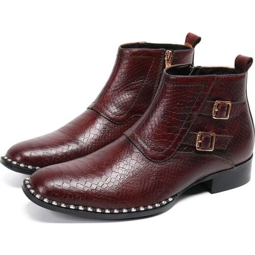 Red Ankle Boots Men 100% Genuine Leather Round Toe Boots Fashion Duble Buckle Straps Work Boots Mens New Plus Size 47 Flat Shoes
