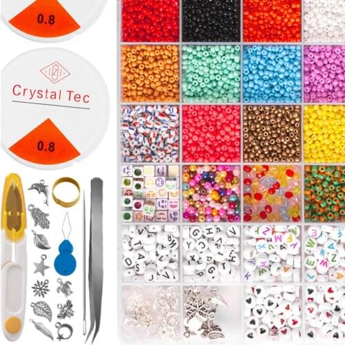 Pony Beads Kit, 3mm Glass Seed Beads, Alphabet Letter Beads and Zinc Alloy Pendant Charm for Bracelets Jewelry Making Craft