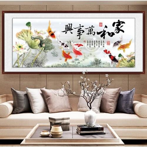 Zozack Lotus Nine Fishes Illustration Cross Stitch Kit Cotton Thread Painting Embroidery Kits Needlework DIY 11CT Home Decoratio