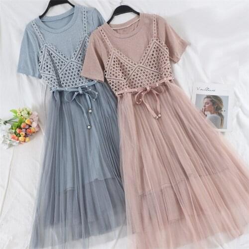 2019 New Fashion Spring Women Short Sleeve Dresses Summer Two Piece Patchwork Mesh Dress Long Sexy Dress Clothing Vestidos WZ758