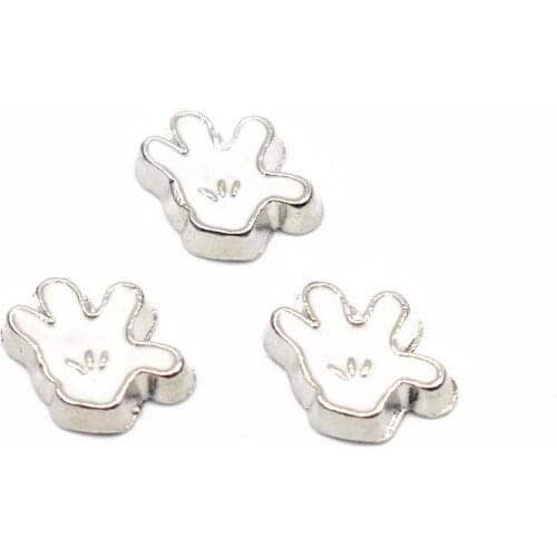 New Arrived 10pcs/lot Enamel White Mickey Glove Silver Floating Charms For DIY Living Glass Floating Lockets Bracelet Jewelry