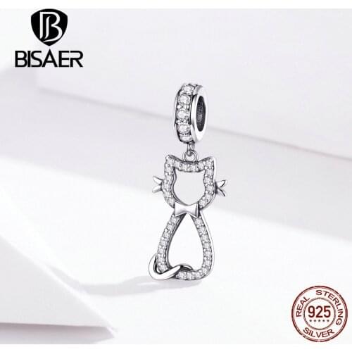 BISAER Cat Pendant 925 Sterling Silver Animal Kitten Pussy Charms Beads fit Bracelets Cubic Zircon DIY Jewelry Making ECC1162