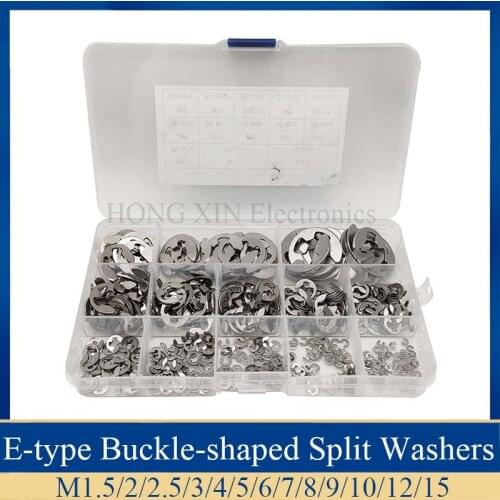 515pcs 304 Stainless Steel Circlip Sack Retainer E E-type Buckle-shaped Split Washers M1.5/2/2.5/3/4/5/6/7/8/9/10/12/15