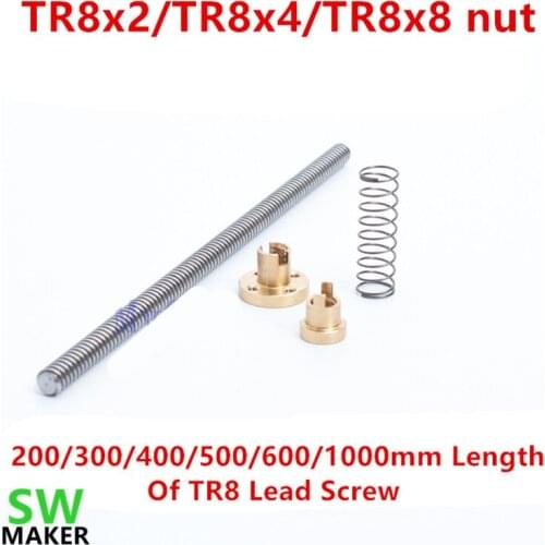 SWMAKER 200/300/400/500mm length TR8 lead screw+TR8 Spring Loaded Anti Backlash Nut Elimination Gap Nut for Reprap