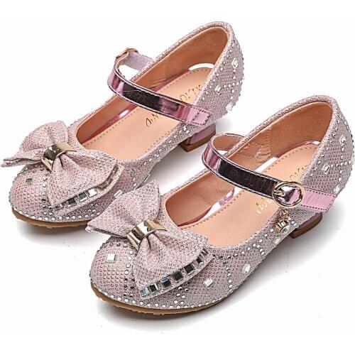 2021 Spring Small Thick Heel Girls Dress Shoes Glitter Upper Rhinestones Bow with Diamonds Bling Princess Party Shoe Birthday