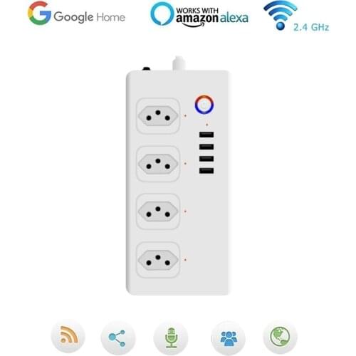 Tuya Wifi Smart Power Strip 4 Outlets 4USB Ports Smart Life Brazil Standard Socket Timer Voice Control Support Alexa Google Home