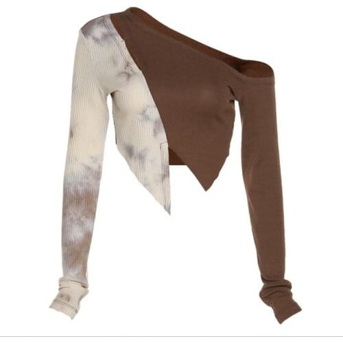 Autumn new womens solid color slimming navel fashion irregular hit color long-sleeved T-shirt