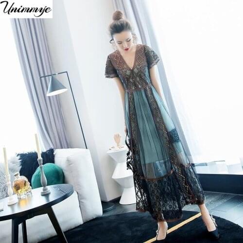 2020 New Summer Women Lanon Vintage 2 Piece Set Dress Female Short Sleeves V-neck Mesh Laces Elegant Long Dresses Vestidos H25
