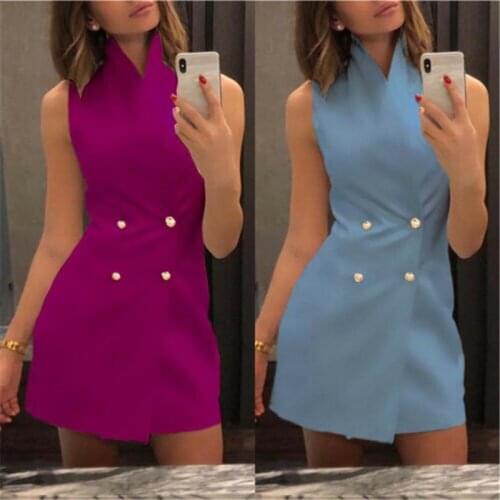 Women Stand Collar Sleeveless Summer Dress 2019 Solid Double Breasted Short Dresses Wasitcoat Mini Dresses Bodycon Slim Dress