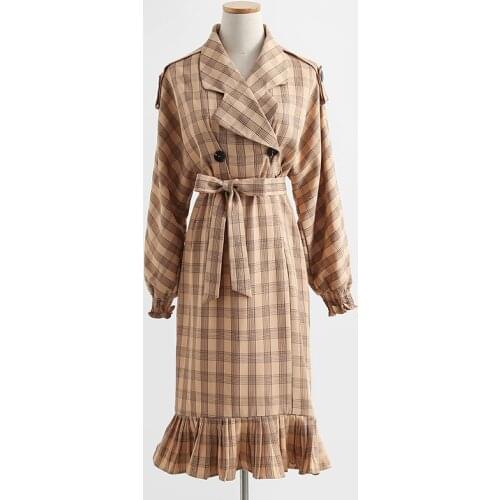 Spring Autumn New-Coming England Style Sashes Plaid Dress Women Batwing Sleeve Loose Flounced Dresses Big Turn-down Collar Dress