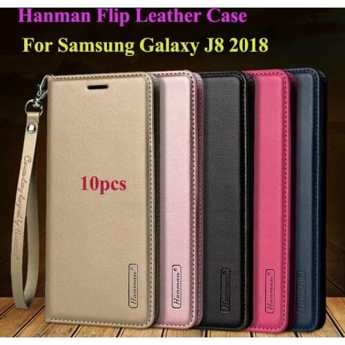 10pcs Hanman Flip Leather Case For Samsung Galaxy J8 2018 J800F Business Hang Rope Series Genuine Wallet Card Slot Case Cover