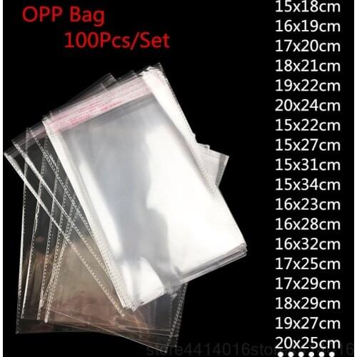 100pcs/lot 15 16 17 18 19 20CM Width Transparent Cookie Packaging Bags Self-adhesive Plastic Biscuit Bag Wedding Candy Opp Bags