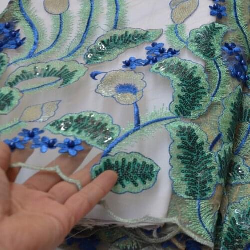 5yards/pc) excellent sequins embroidered African French net lace fabric in blue green with beads for high quality dress FLP227