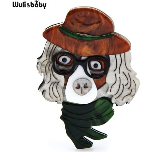 Wuli&baby Acrylic Cool Wear Hat Glasses Dog Brooches For Women Unisex Lovely Pets Animal Party Casual Brooch Pin Gifts