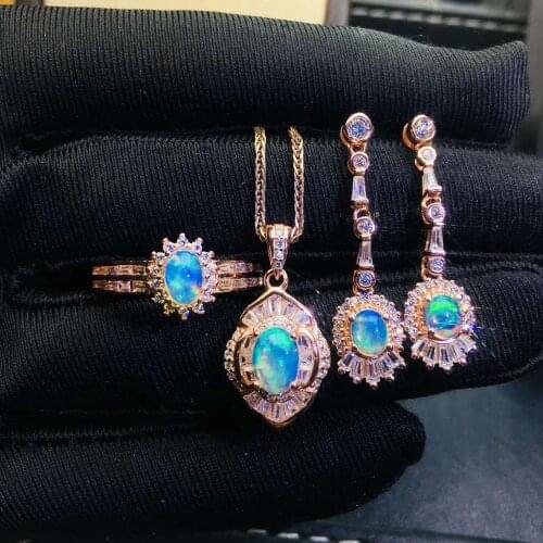 Free Shipping Natural Opal jewelry set Natural Real Opal 925 sterling silver 1pc pendant,1pc ring,2pcs Earring