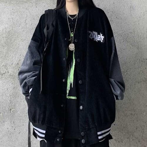 Black Jacket Baseball Bomber Female Men Corduroy Jacket Women Clothing Harajuku Plus Size Streetwear Outerwear Goth Japanese