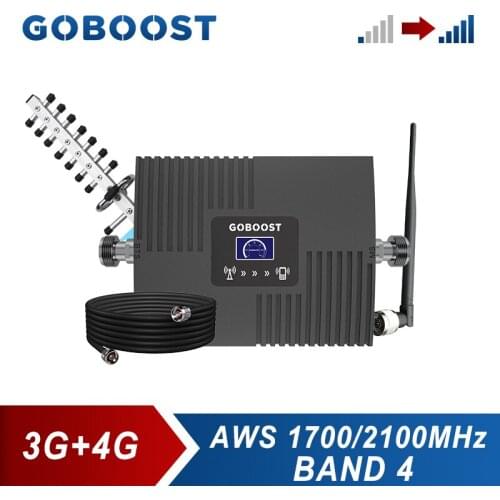 GOBOOST 4G Signal Booster AWS 1700 2100 MHz Repeater Mobile Phone Cellular Amplifier Band 4 Antenna + 10 Meter Coaxial Cable Kit