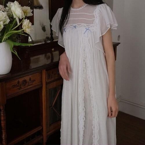 Victorian Cotton Night Dress Women Lace Peignoir Romantic Vintage Long Nightgowns Princess Sleepwear Sweet Nightdress Home Wear