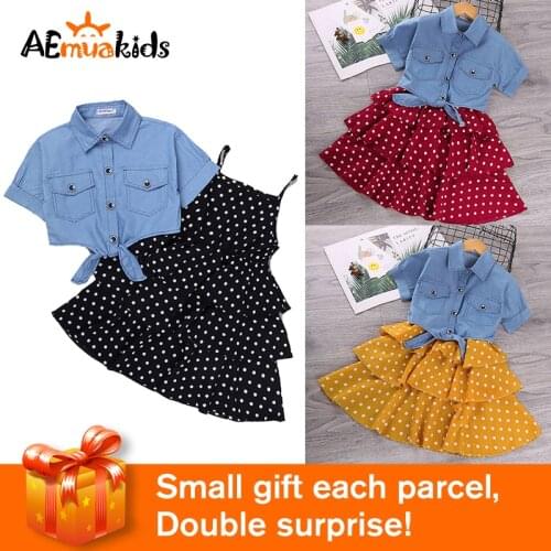 Fashion Girls Summer Layered Dress Suit Suspender Polka Dot Skirt+Denim Short Sleeve Coat Top 2PCS Denim Dress Clothing