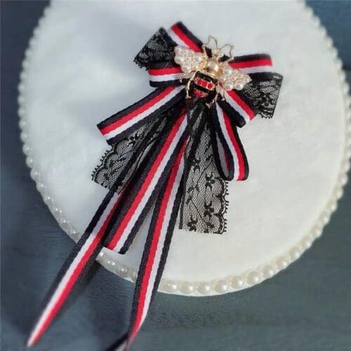 Korean Fashion New Green Red Blue Lace Ribbon Bow Tie Brooch Bee Collar Bowties Striped Brooches Collar Pin Women Accessories