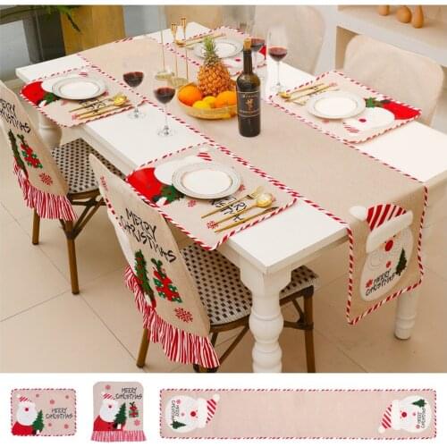 Linen Embroidery Santa Claus Snowman Style Table Runner Placemat Chair Cover Backrest Cover Christmas Decorations Home Decor
