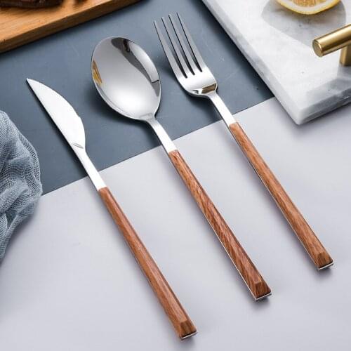 Wooden Handle Buffet Knife Fork Spoon Dinnerware Stainless Steel Cutlery Set Mirror Silverware Tableware Flatware Set Teaspoon
